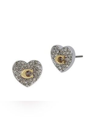 Coach Crystal Heart Stud Earrings with Signature Gold 'C' Accent -